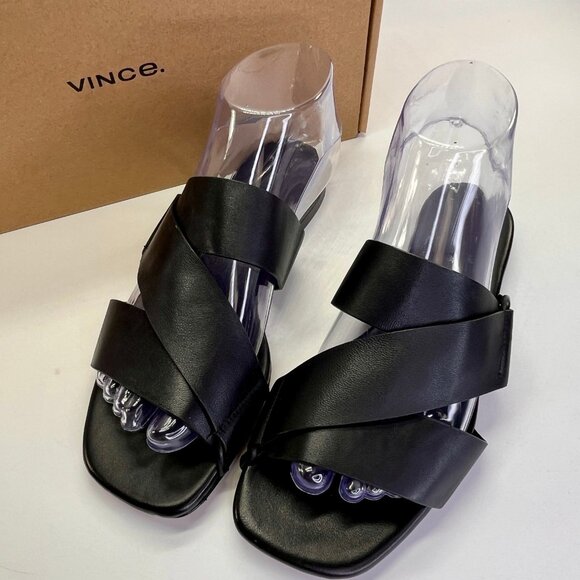 Vince Dylan Leather Flat Sandals Size 6.5M Black Asymmetrical Slide Shoes - Picture 4 of 16